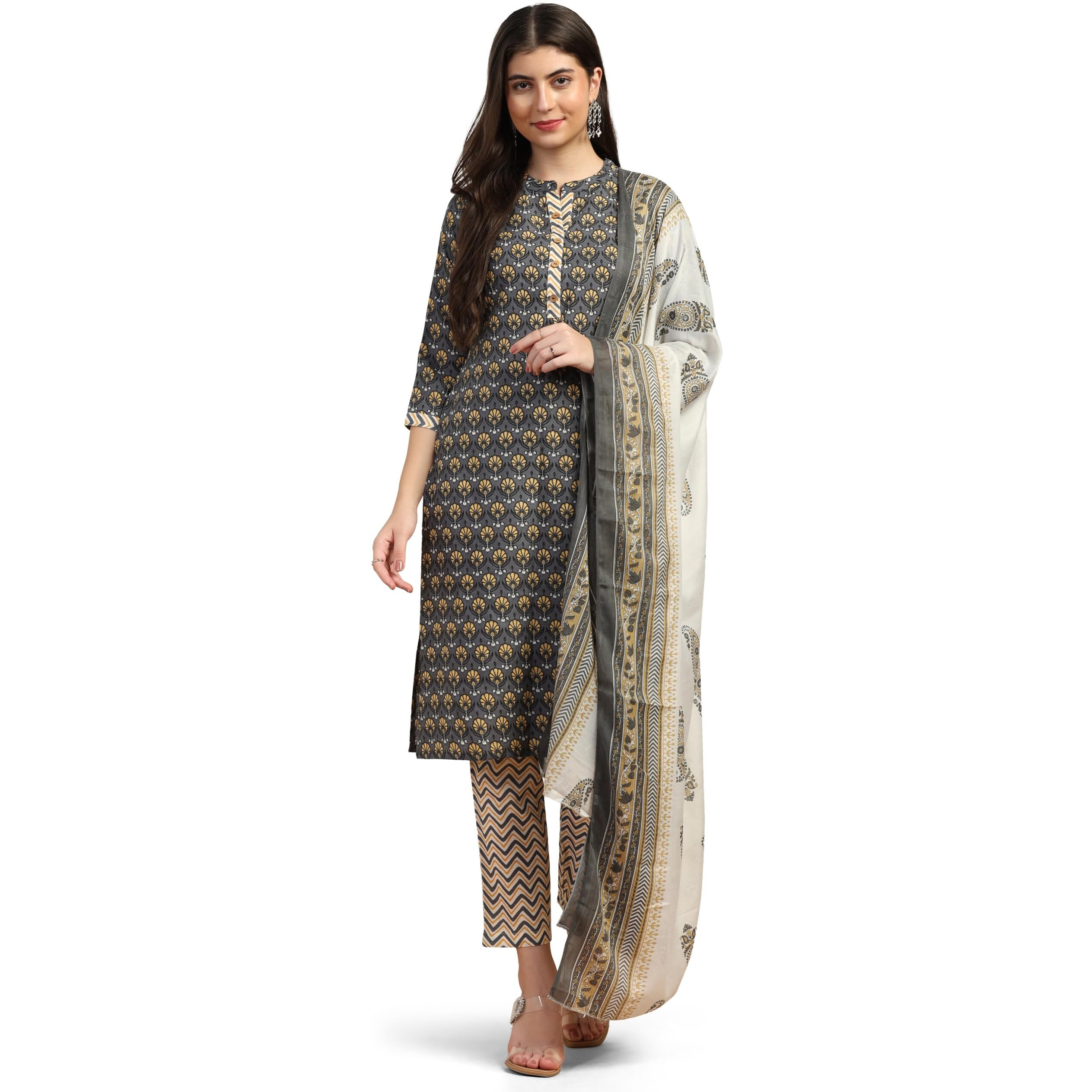 Toplot Women's Printed Straight Kurta With Pant & Dupatta|Kurta Pant Set With Dupatta (Printed-Kurta-Pant-5198-Grey-S)