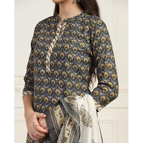 Toplot Women's Printed Straight Kurta With Pant & Dupatta|Kurta Pant Set With Dupatta (Printed-Kurta-Pant-5198-Grey-S)