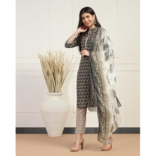 Toplot Women's Printed Straight Kurta With Pant & Dupatta|Kurta Pant Set With Dupatta (Printed-Kurta-Pant-5198-Grey-S)