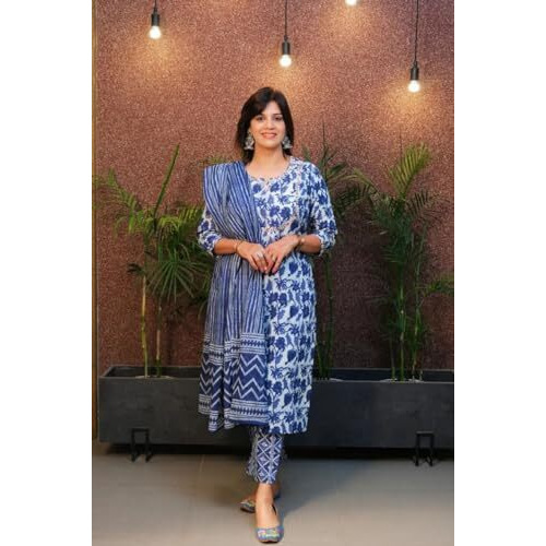 Gosriki Women's Cotton Blend Straight Printed Kurta With Pant & Dupatta (Nidali Blue-Gs_L_Blue_Large)