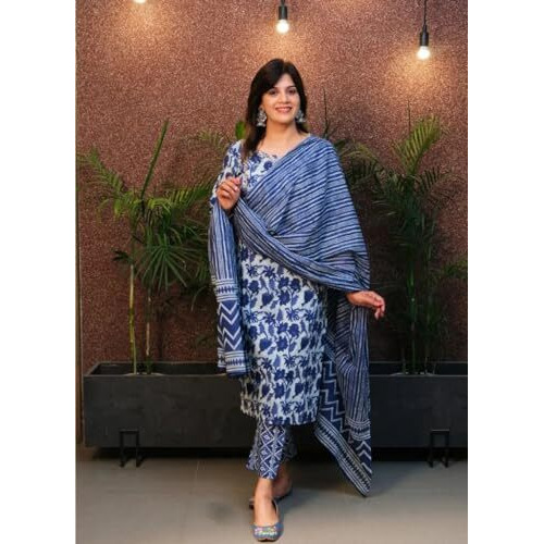 Gosriki Women's Cotton Blend Straight Printed Kurta With Pant & Dupatta (Nidali Blue-Gs_L_Blue_Large)