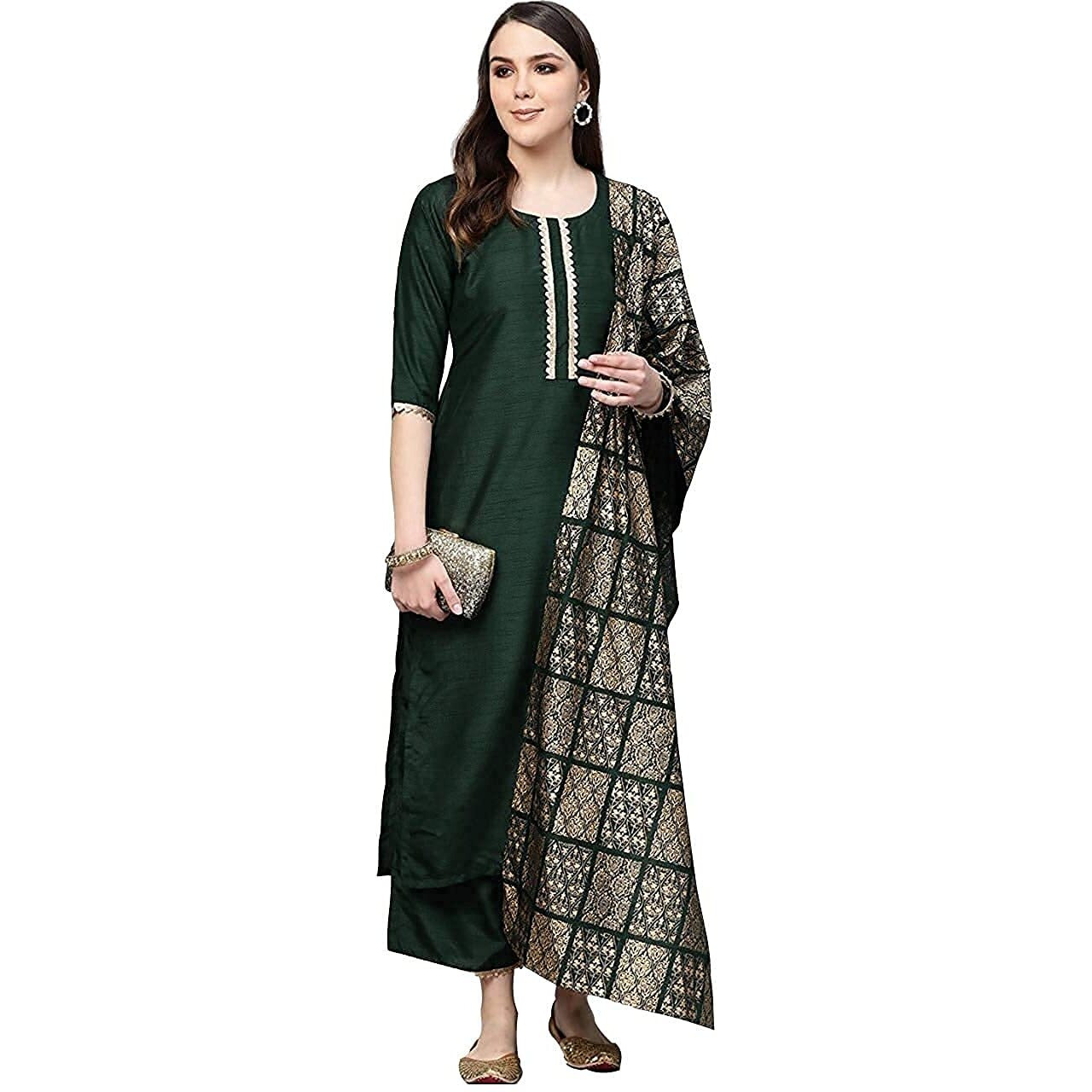 Gosriki Women's Cotton Straight Solid Kurta And Palazzos & Dupatta(Sonari-New-Green_Xxl-Green_Xx-Large)