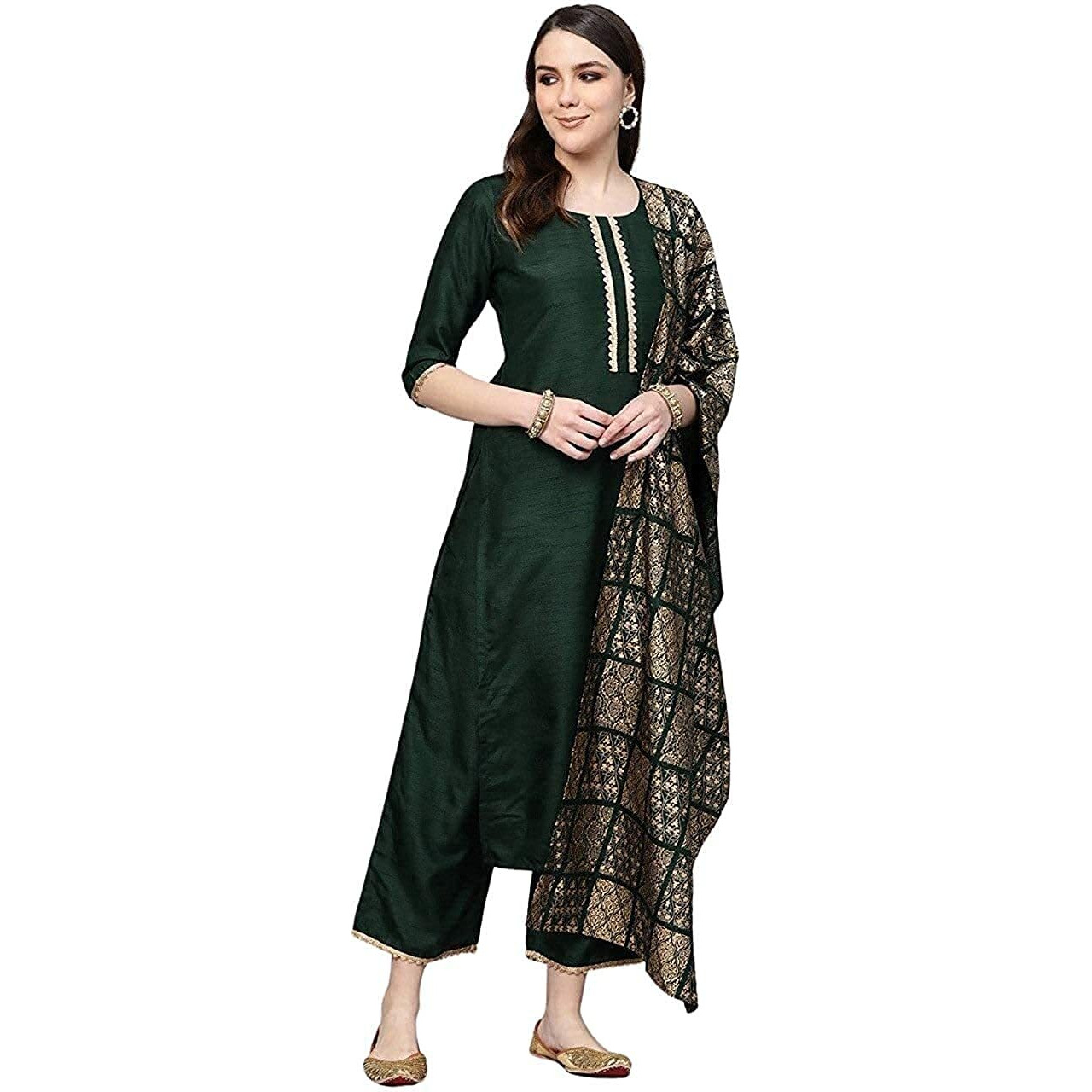 Gosriki Women's Cotton Straight Solid Kurta And Palazzos & Dupatta(Sonari-New-Green_Xxl-Green_Xx-Large)