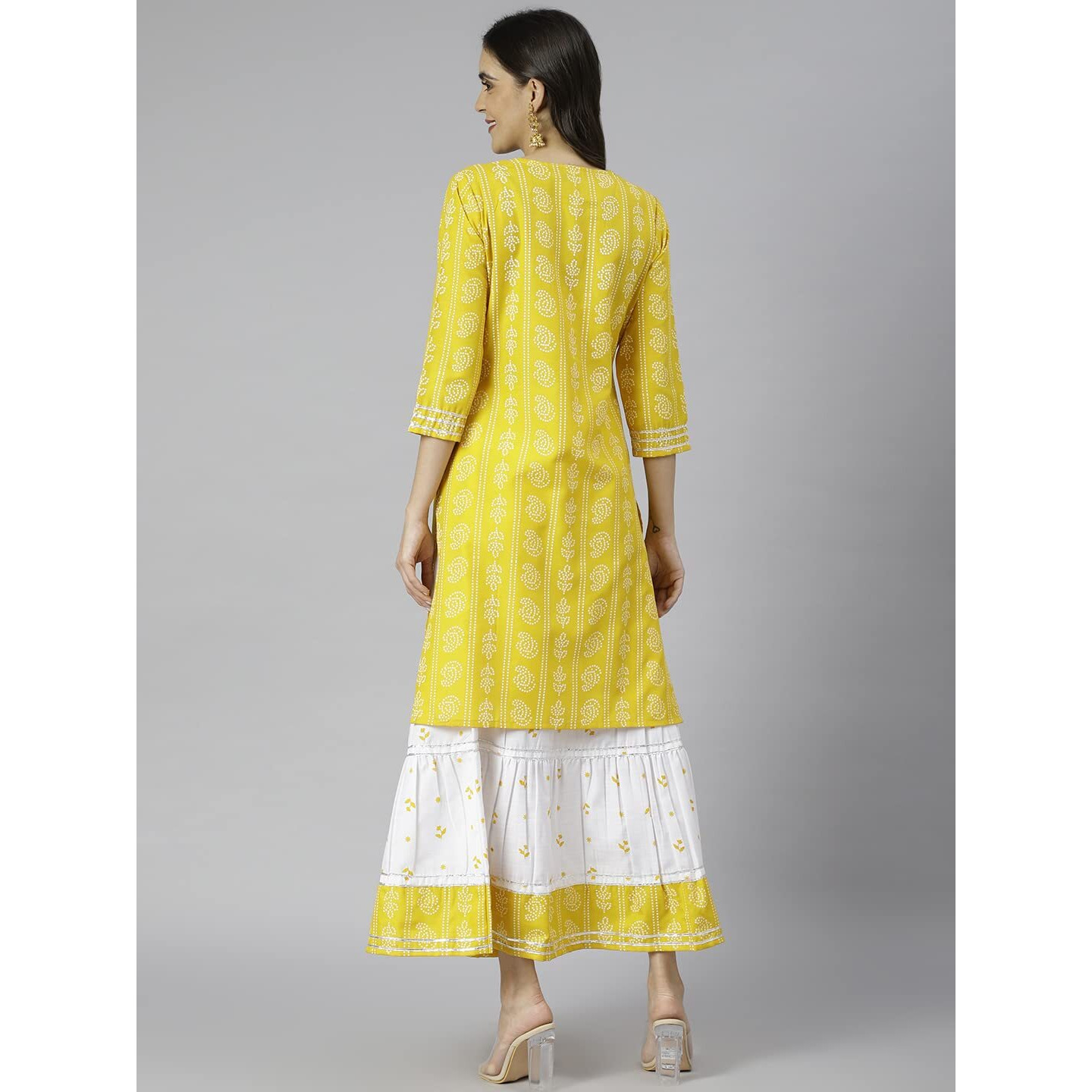 Gosriki Women's Cotton Blend Straight Printed Kurta With Skirt (Mausam Yellow_New_Xl-Go_Yellow_X-Large)