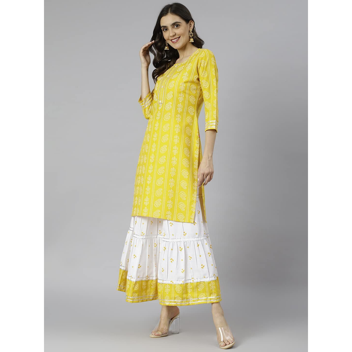 Gosriki Women's Cotton Blend Straight Printed Kurta With Skirt (Mausam Yellow_New_Xl-Go_Yellow_X-Large)