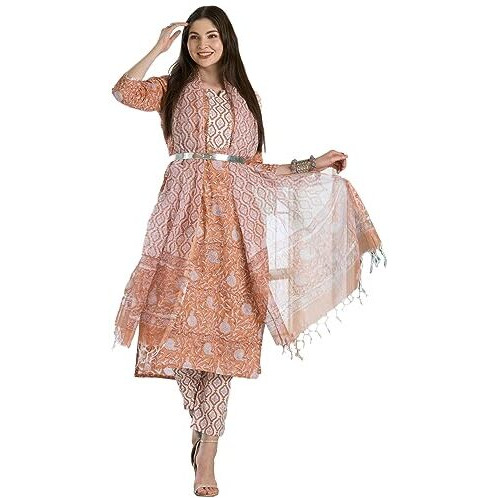 Gosriki Women's Cotton Blend Straight Printed Kurta With Pant & Dupatta (Tiri Peach-Gs_Xxl_Peach_Xx-Large)
