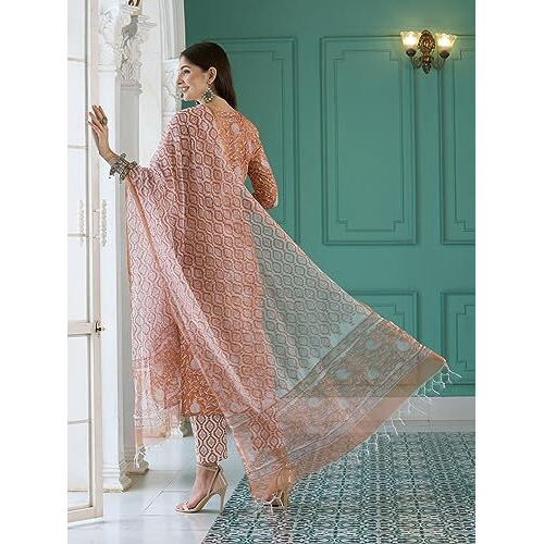 Gosriki Women's Cotton Blend Straight Printed Kurta With Pant & Dupatta (Tiri Peach-Gs_Xxl_Peach_Xx-Large)