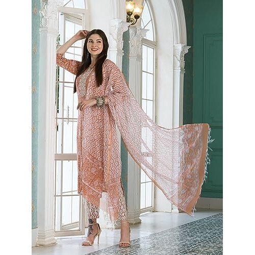 Gosriki Women's Cotton Blend Straight Printed Kurta With Pant & Dupatta (Tiri Peach-Gs_Xxl_Peach_Xx-Large)