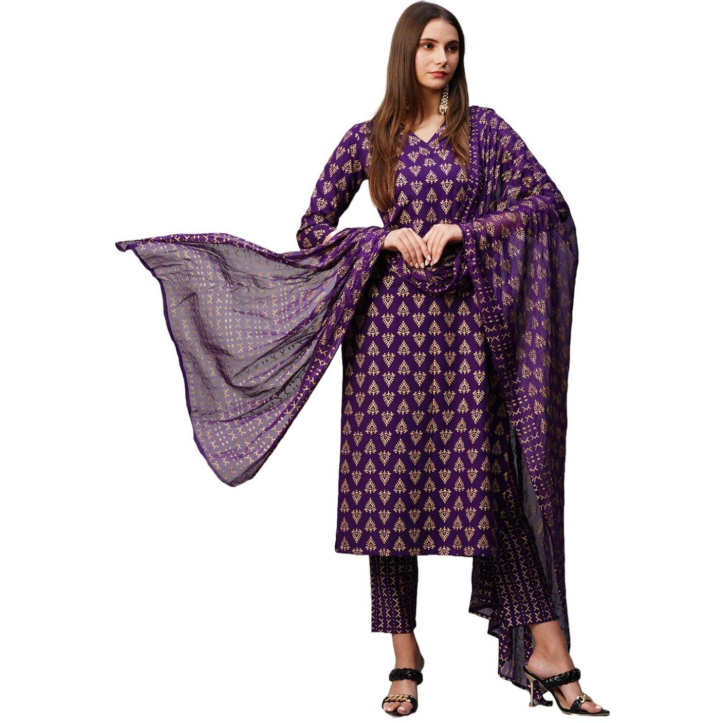 Gosriki Women's Cotton Blend Straight Printed Kurta With Pant & Dupatta (Mohmaya Violet-Gs_Xl_Violet_X-Large)