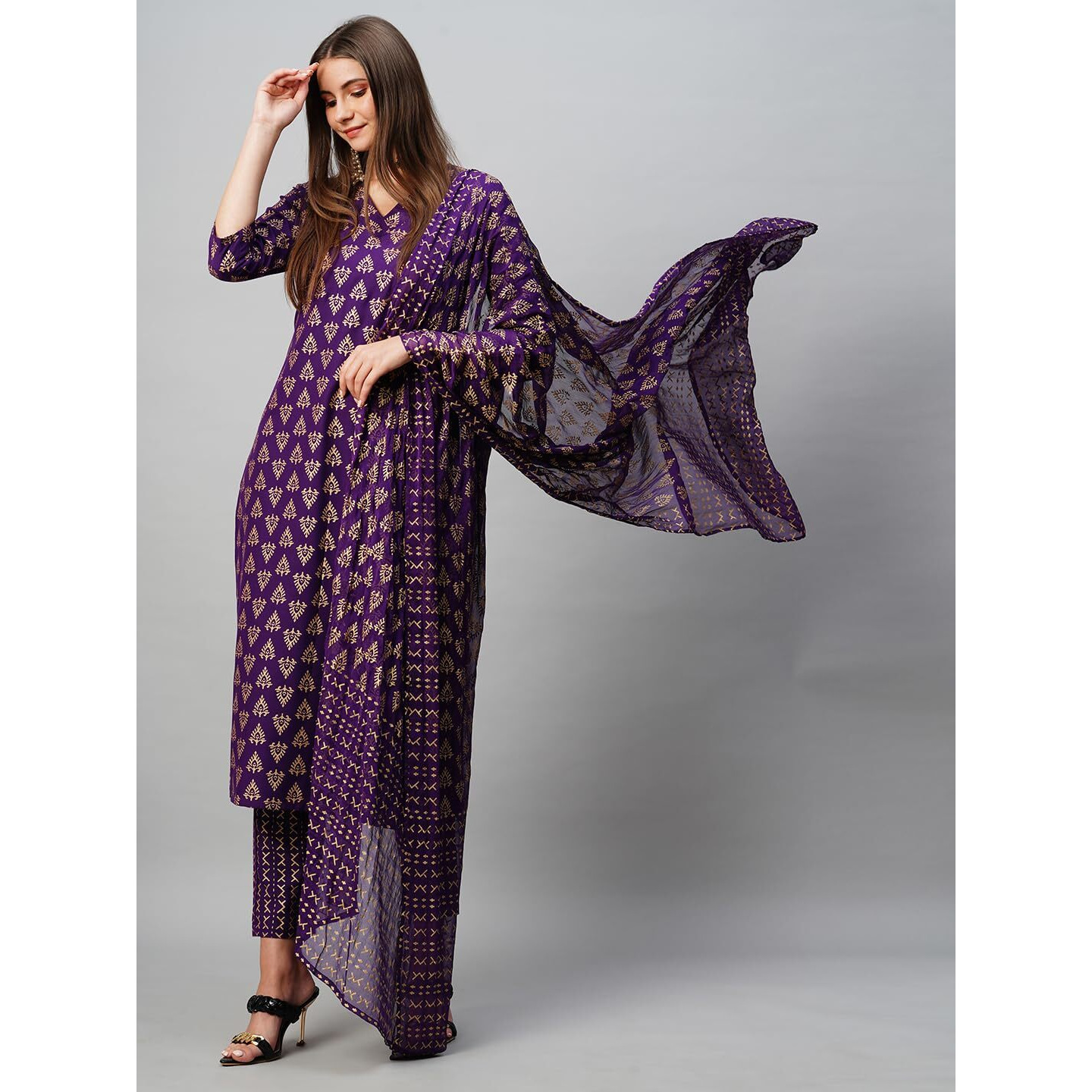 Gosriki Women's Cotton Blend Straight Printed Kurta With Pant & Dupatta (Mohmaya Violet-Gs_Xl_Violet_X-Large)