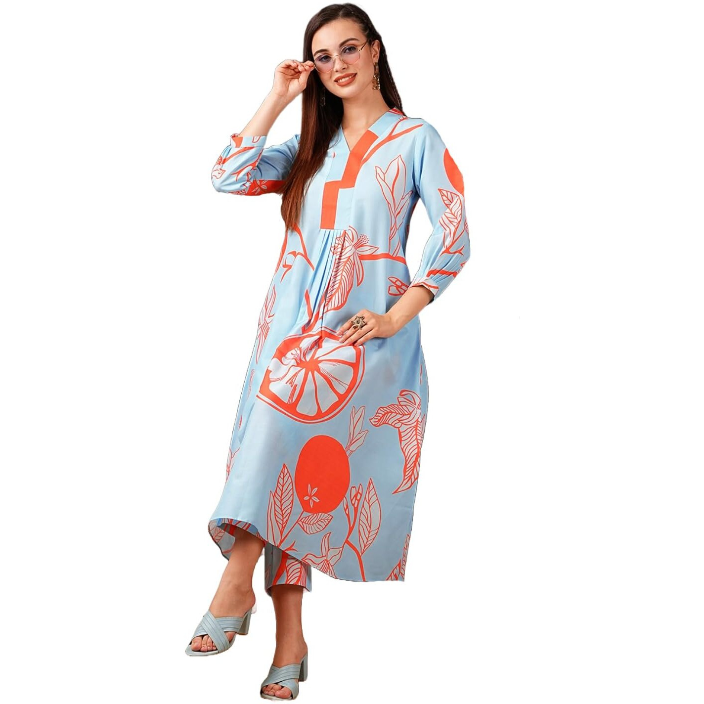 Gosriki Women's Cotton Blend Anarkali Printed Kurta With Pant (Santra Orange-Nw-Gs_Xl_Orange_X-Large)