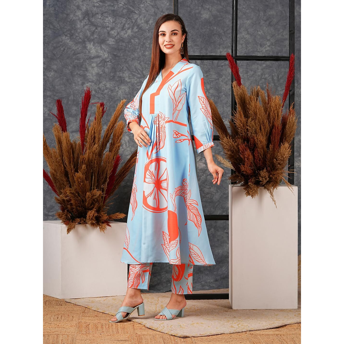 Gosriki Women's Cotton Blend Anarkali Printed Kurta With Pant (Santra Orange-Nw-Gs_Xl_Orange_X-Large)