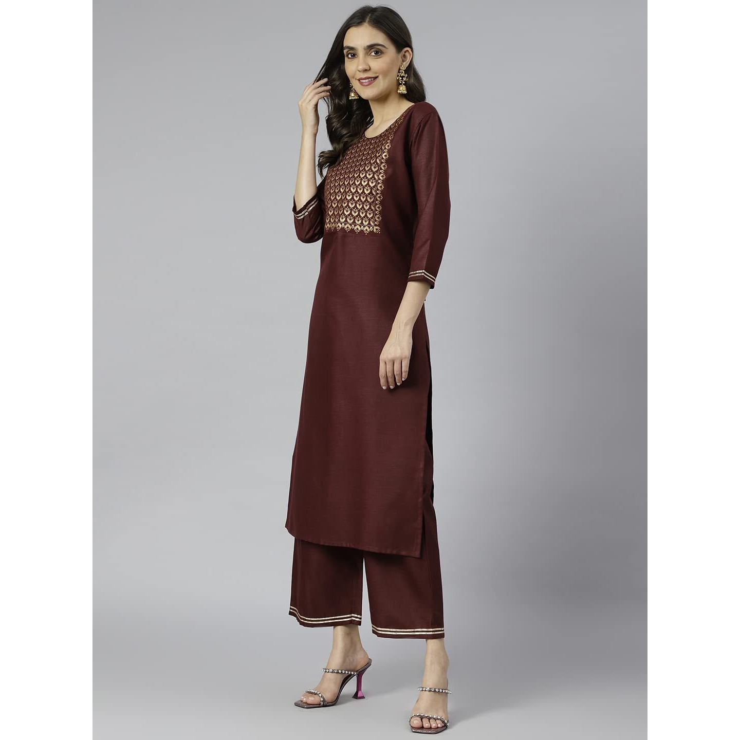 Gosriki Women's Cotton Blend Printed Straight Kurta With Palazzo (Ridhma Maroon_L-Go_Maroon_Large)