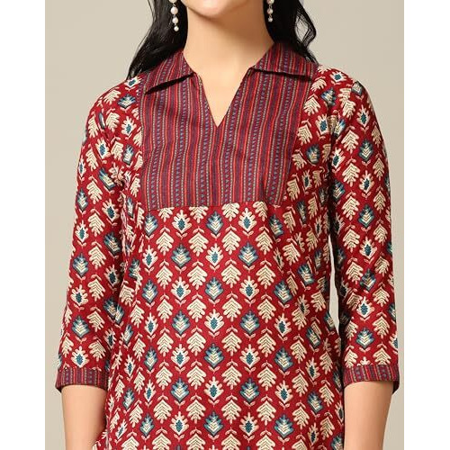 Toplot Women's Cotton Blend Printed Straight Kurta With Pant (Kurta-Pant-5175-Maroon-M)