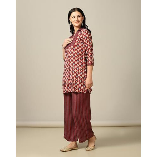 Toplot Women's Cotton Blend Printed Straight Kurta With Pant (Kurta-Pant-5175-Maroon-M)