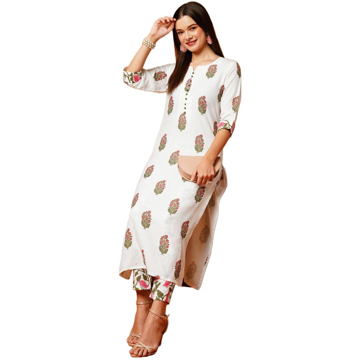 Gosriki Women's Cotton Blend Printed Straight Kurta With Pant (Parthi White-Gs_L_White_Large)