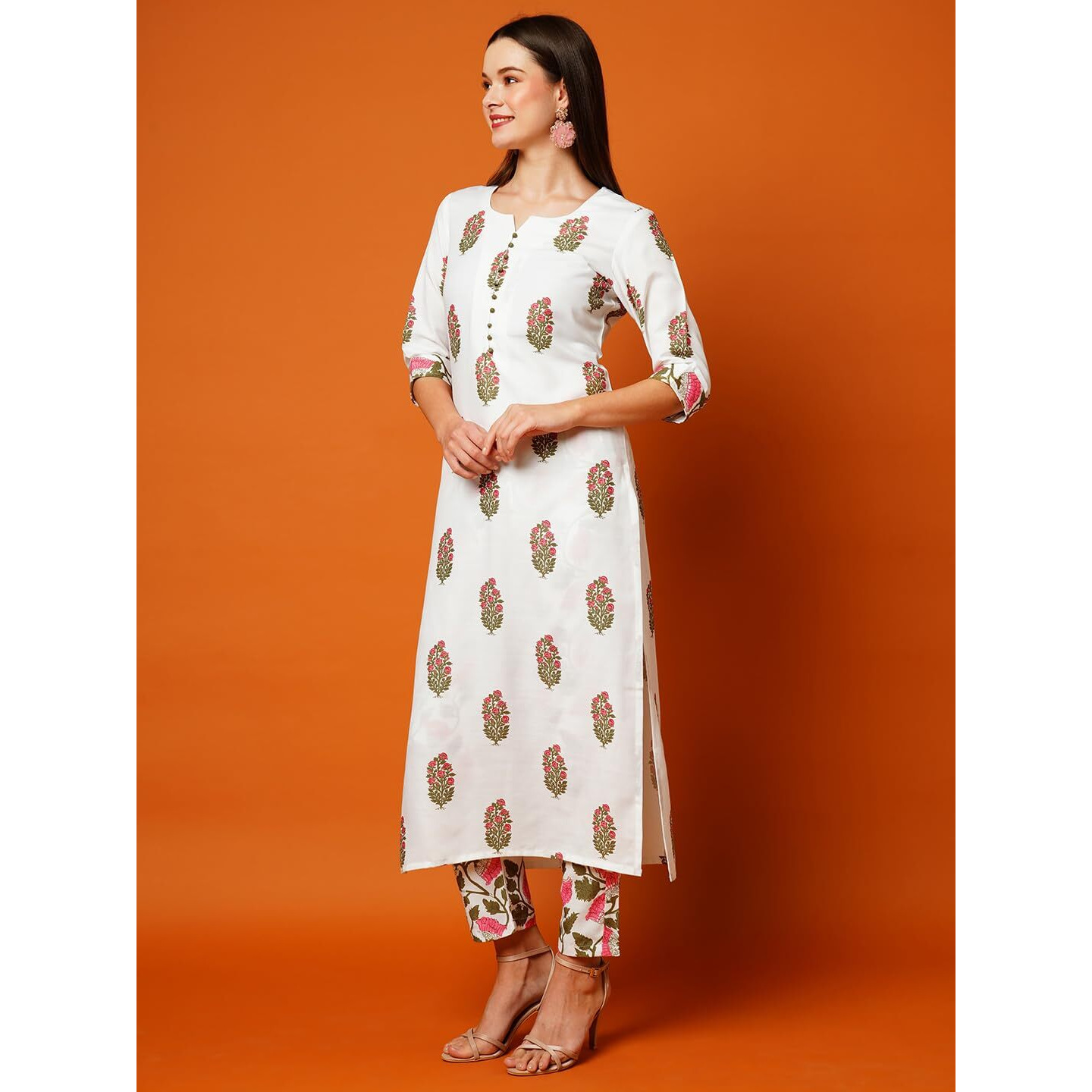 Gosriki Women's Cotton Blend Printed Straight Kurta With Pant (Parthi White-Gs_L_White_Large)