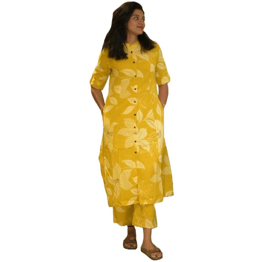 Gosriki Women's Rayon Viscose Straight Printed Kurta With Pant (Sunoni Yellow-Vks01-Gs_S_Yellow_Small)