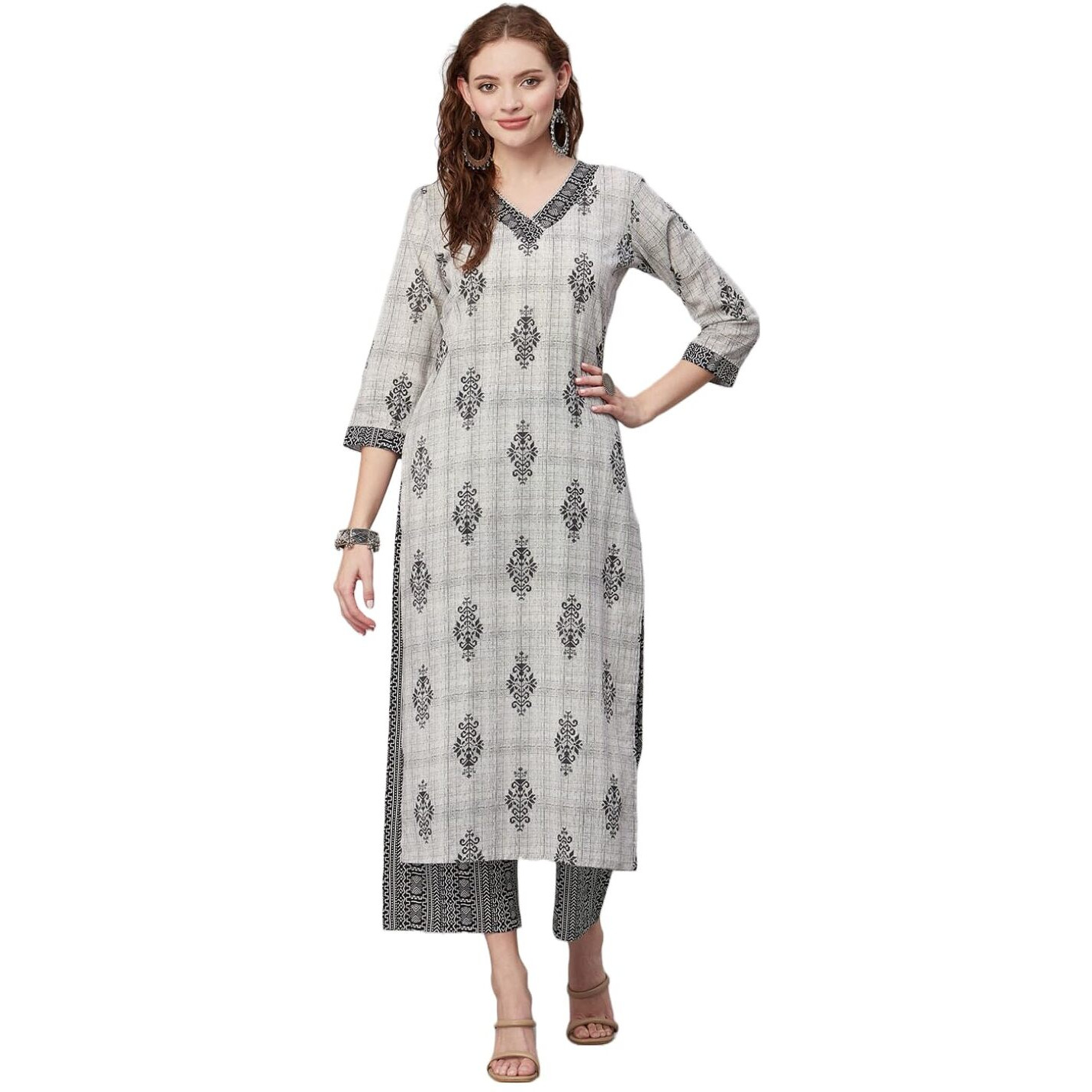 Gosriki Women's Cotton Blend Printed Straight Kurta With Pant (Nandi Grey-Gs_Xl_Grey_X-Large)