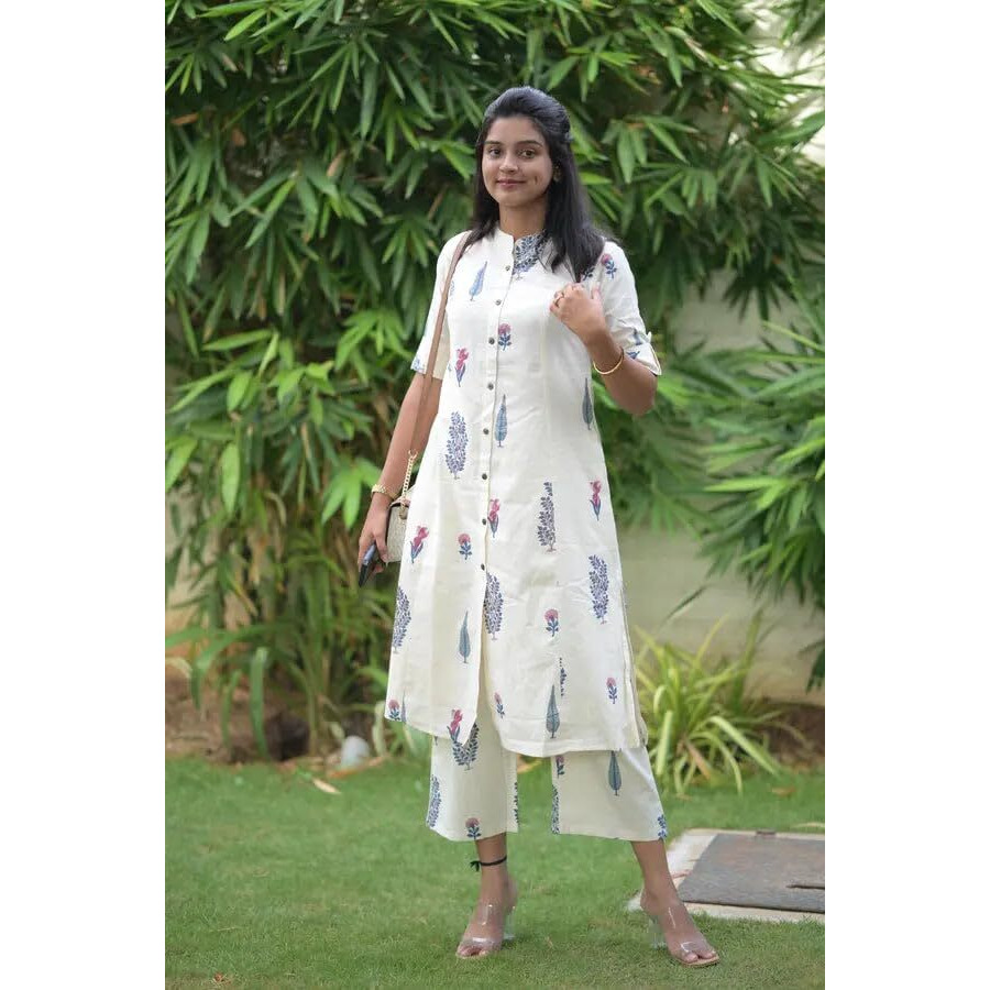 Gosriki Women's Rayon Viscose Straight Printed Kurta With Pant (Barkat Cream-Vks01-Gs_L_Cream_Large)