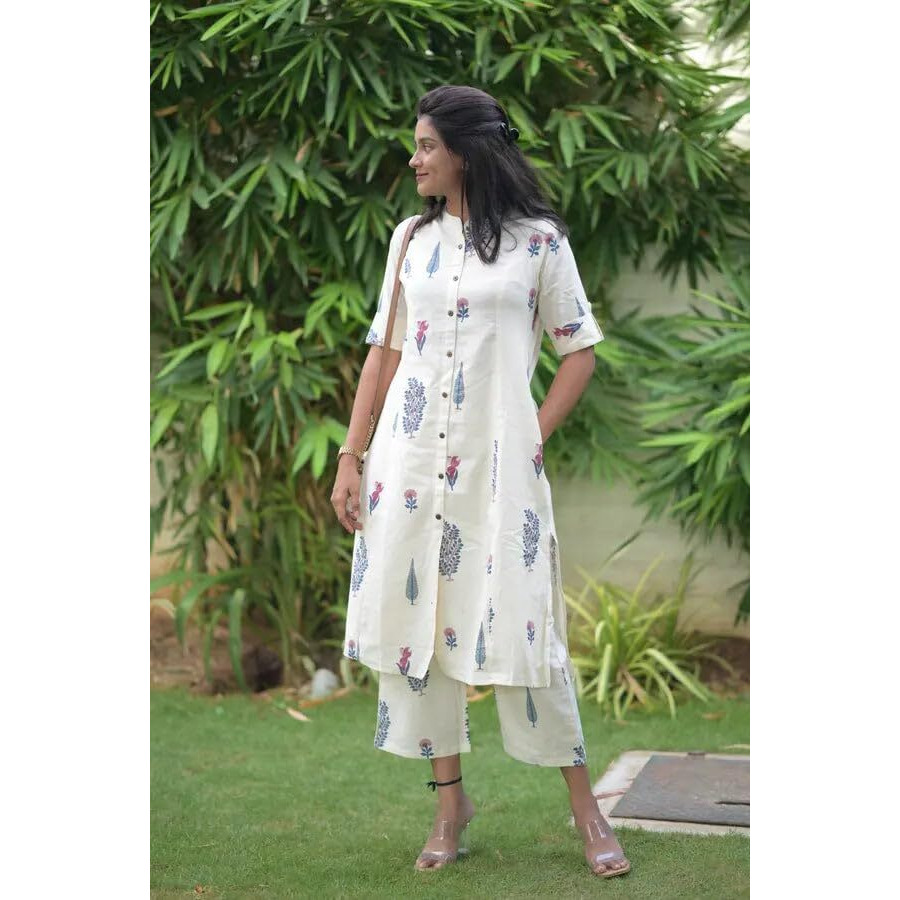 Gosriki Women's Rayon Viscose Straight Printed Kurta With Pant (Barkat Cream-Vks01-Gs_L_Cream_Large)