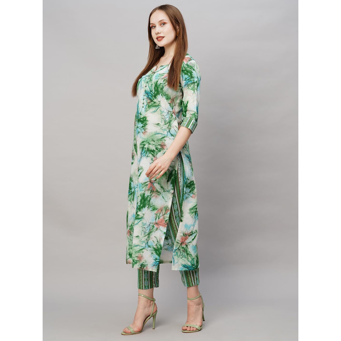 Gosriki Women's Cotton Blend Printed Straight Kurta With Pant (Ps-Green-Gs_S_Green_Small)