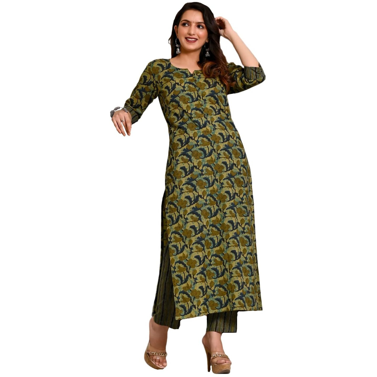 Gosriki Women's Cotton Blend Printed Straight Kurta With Pant (Mangla Green-Snw-Gs_S_Green_Small)