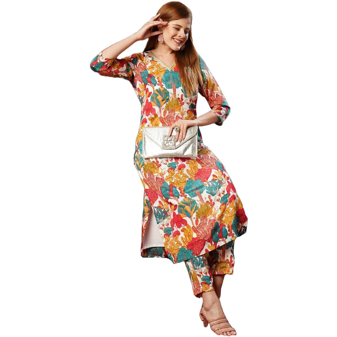 Gosriki Women's Rayon Blend Straight Printed Kurta With Pant (Samlok White-Jl-Gs_S_White_Small)