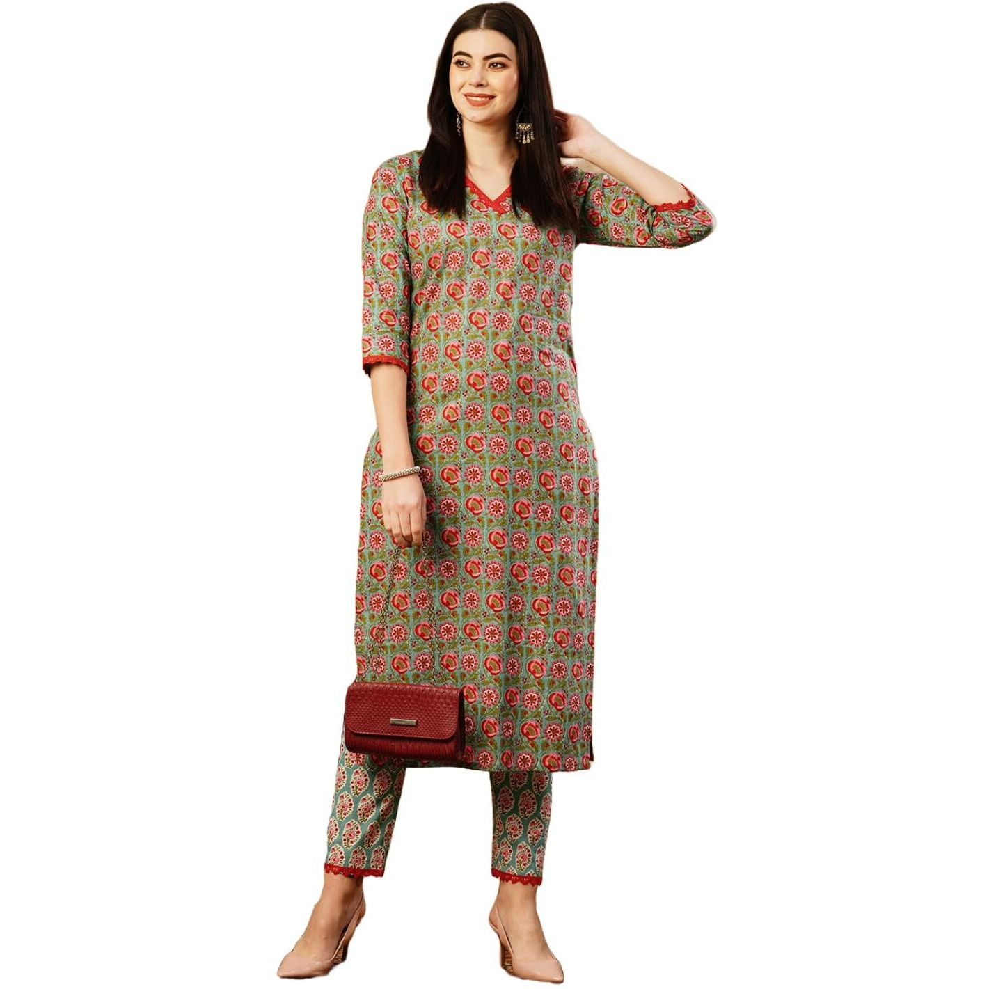 Gosriki Women's Cotton Blend Straight Printed Kurta With Pant (Balajyoti Green-Gs_S_Green_Small)