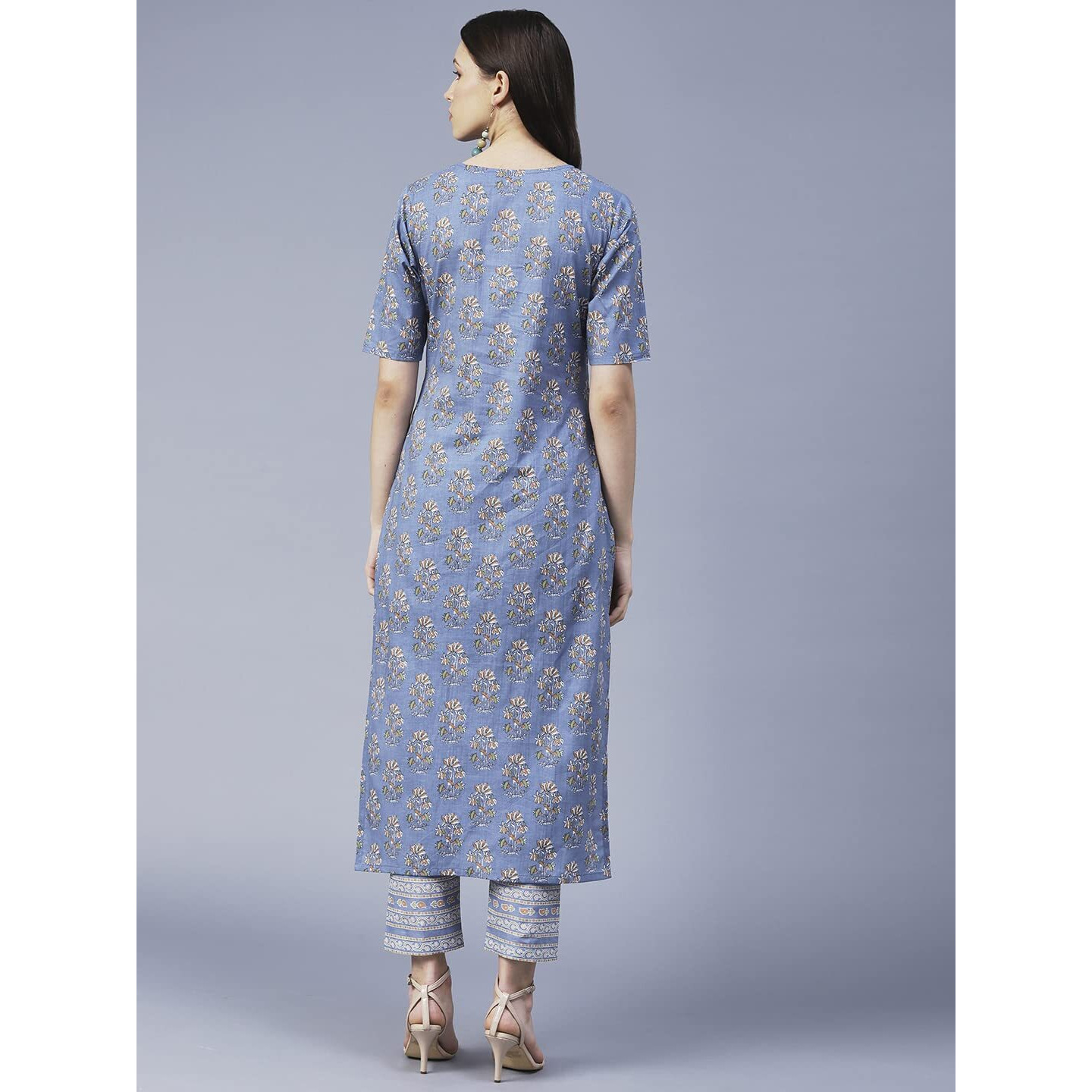 Gosriki Women's Cotton Blend Printed Straight Kurta With Pant (Prnk-Blue-Gs_S_Blue_Small)
