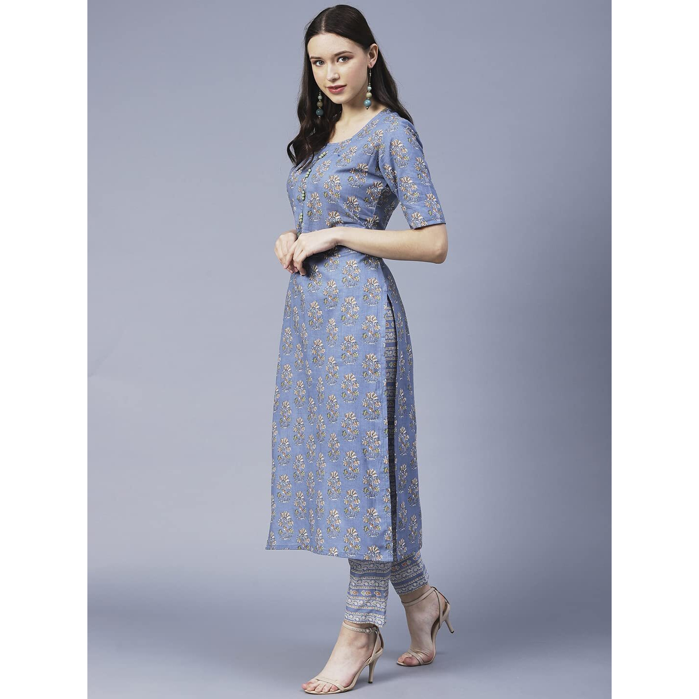 Gosriki Women's Cotton Blend Printed Straight Kurta With Pant (Prnk-Blue-Gs_S_Blue_Small)