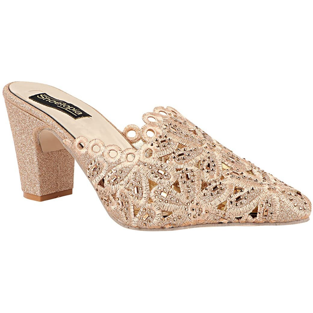 Shoetopia Women's Pink Embroidered Block Heel Mules  Ethnic Slip-On Sandals With Glitter Finish And Cutwork Detailing Eu41