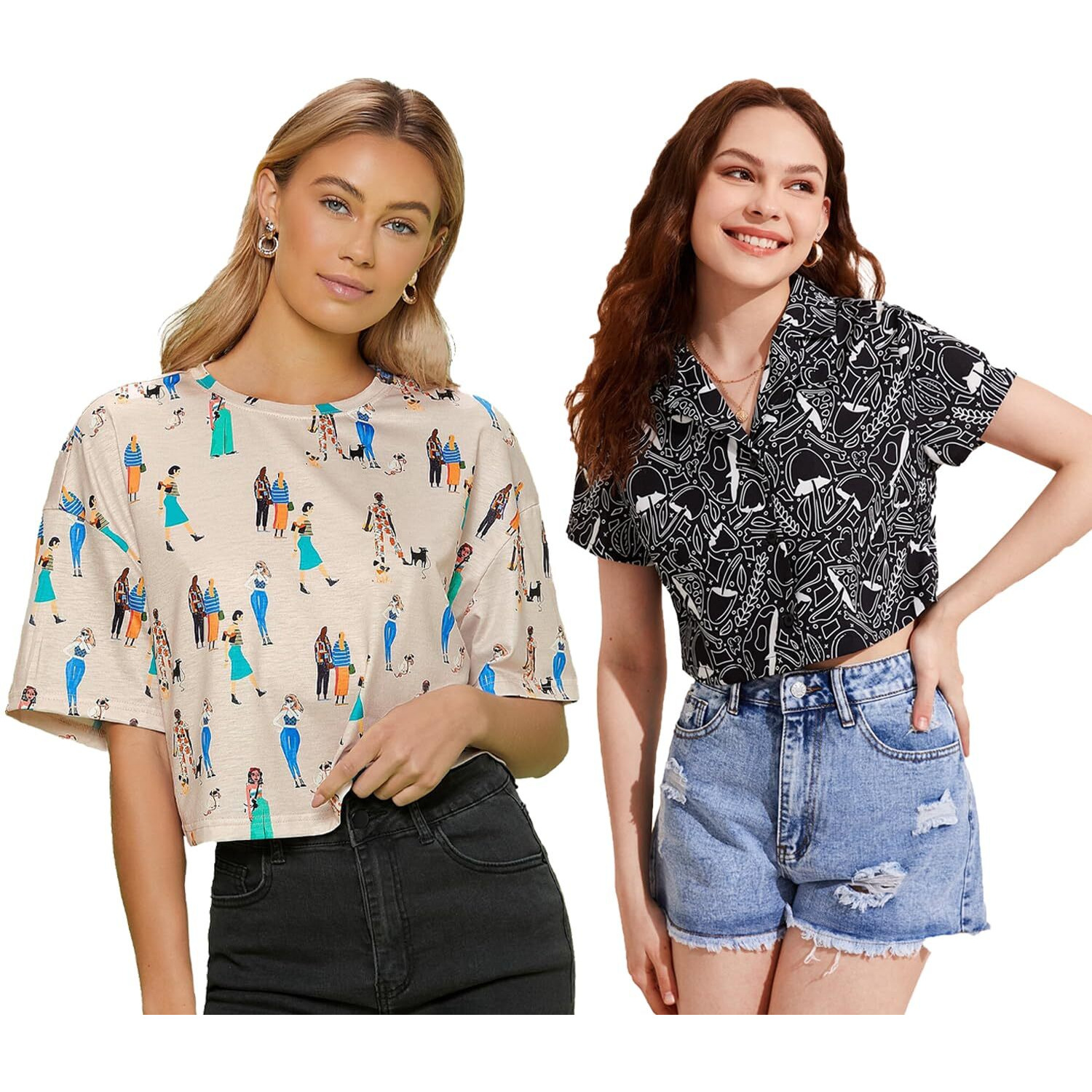 Toplot Women's Casual Printed Crop Top With Short Sleeve Pack Of 2 (Combo-5135-Blk-Cku-Xl)