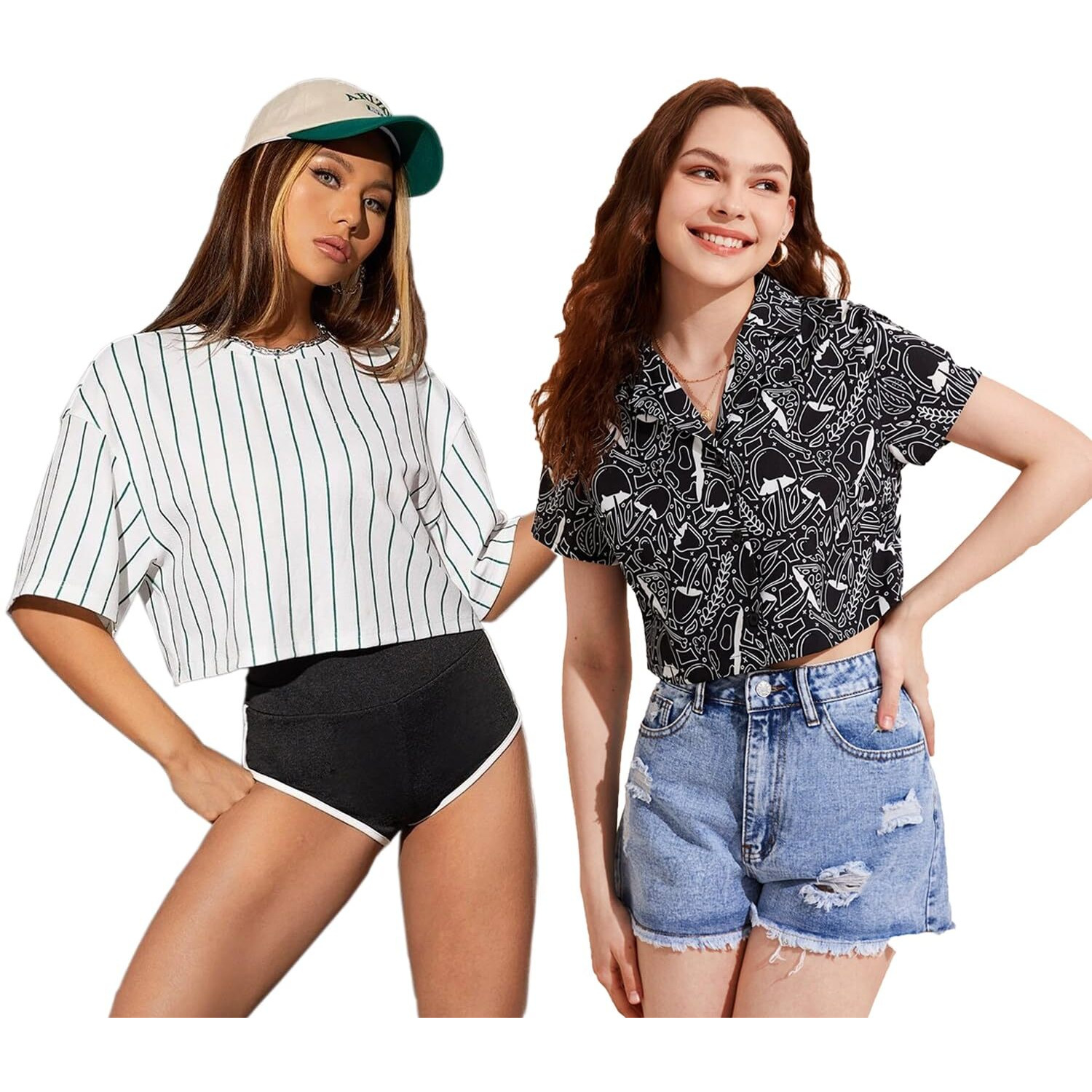 Toplot Women's Casual Printed Crop Top With Short Sleeve Pack Of 2 (Combo-5135-Blk-Wht-L)