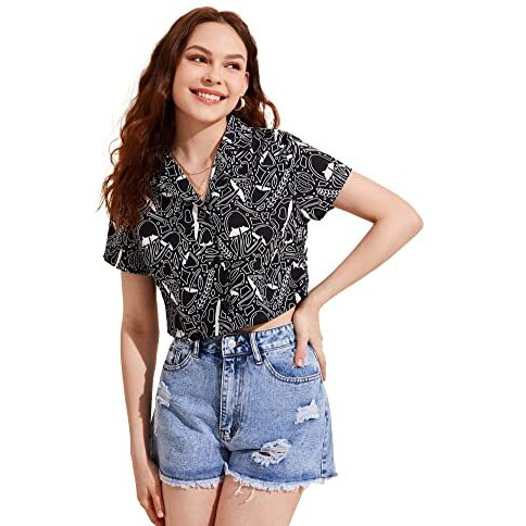 Toplot Women's Casual Printed Crop Top With Short Sleeve Pack Of 2 (Combo-5135-Blk-Wht-L)