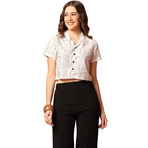 Toplot Women's Casual Printed Crop Top With Short Sleeve Pack Of 2 (Combo-5135-Wht-Mlt-L)