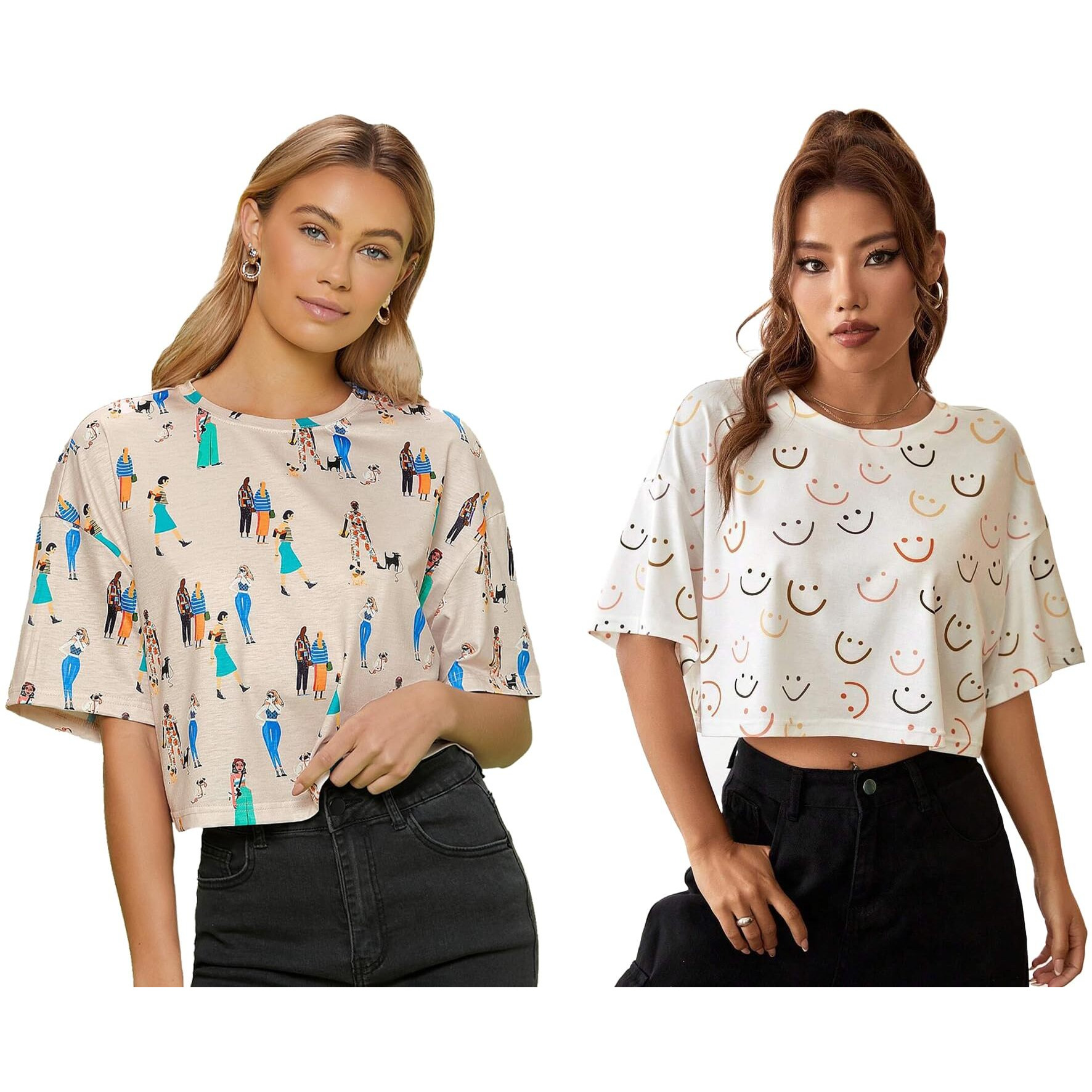 Toplot Women's Casual Printed Crop Top With Half Sleeve Pack Of 2 (Combo-5098-Cku-Sml-L)