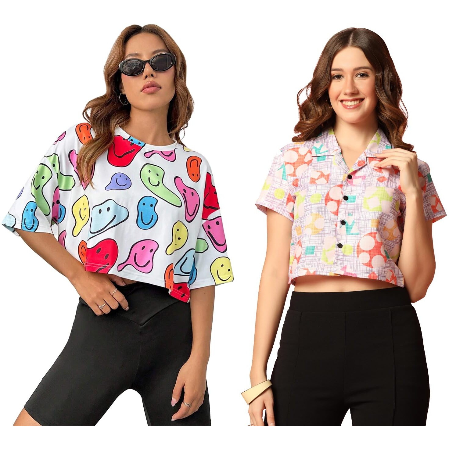 Toplot Women's Casual Printed Crop Top With Short Sleeve Pack Of 2 (Combo-5135-Mlt-Mlt-Xs)