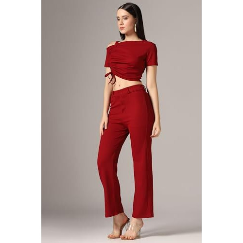 Toplot Co Ord Set For Women Solid Top And Bottom (Top-Pant-5138-Maroon-L)