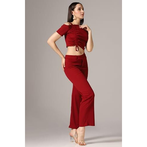 Toplot Co Ord Set For Women Solid Top And Bottom (Top-Pant-5138-Maroon-L)
