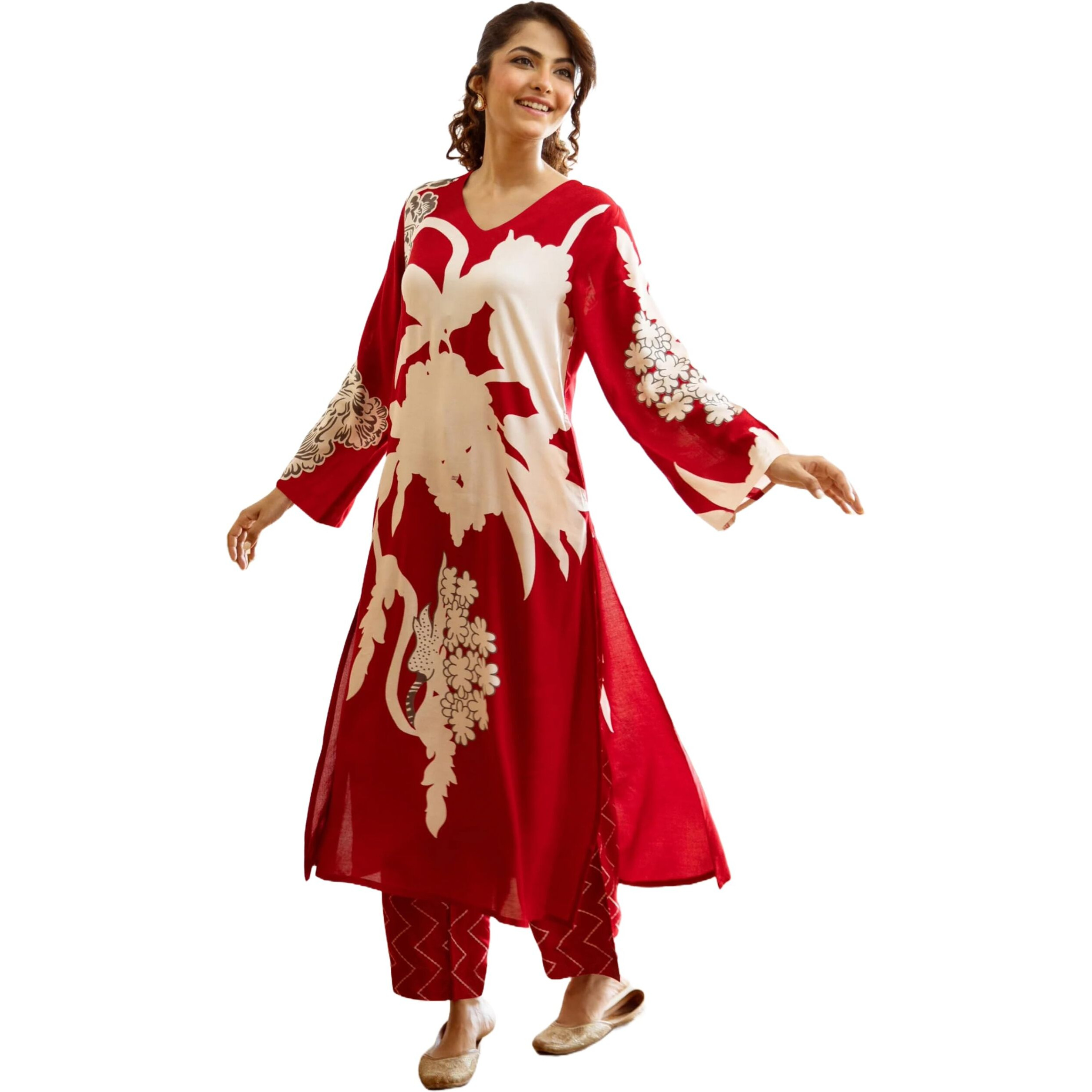 Gosriki Women's Rayon Viscose Straight Printed Kurta With Palazzo (Cukari Red-Vks02-Gs_S_Red_Small)