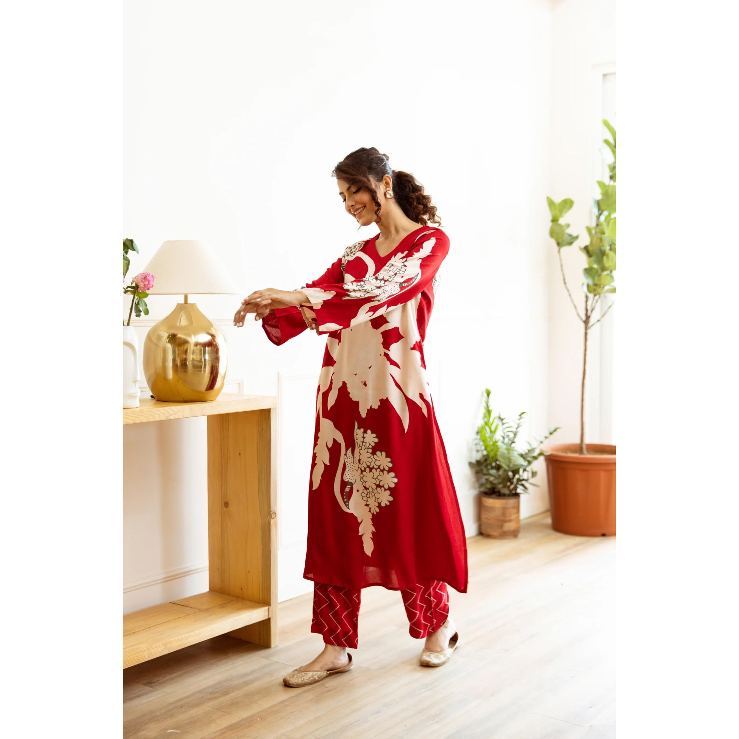 Gosriki Women's Rayon Viscose Straight Printed Kurta With Palazzo (Cukari Red-Vks02-Gs_S_Red_Small)