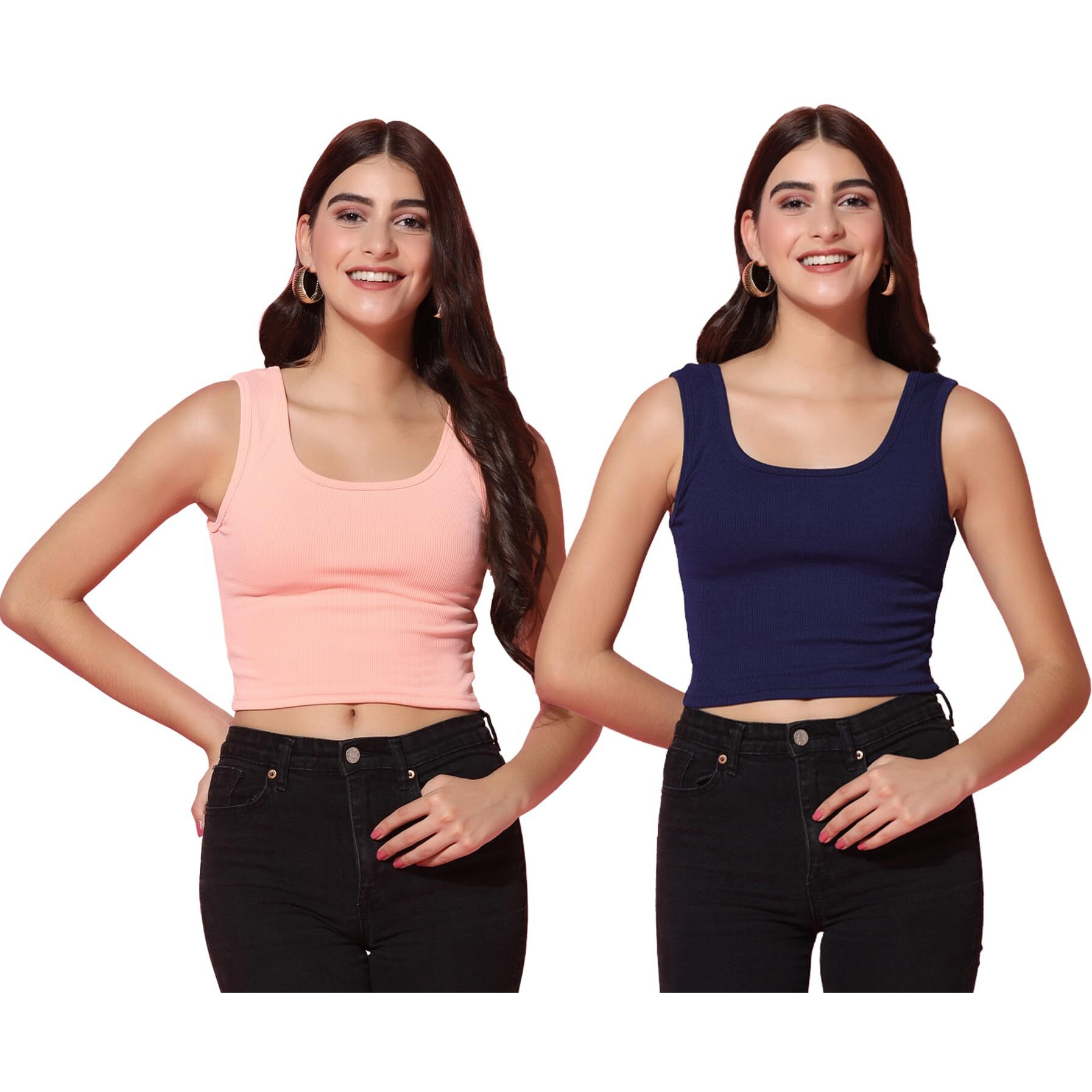 Toplot Women's Combo Solid Ribbed Scoop Neck Sleeveless Slim Fit Tank Top Pack Of 2 (Combo-5069-Nvy-Pch-Xl)