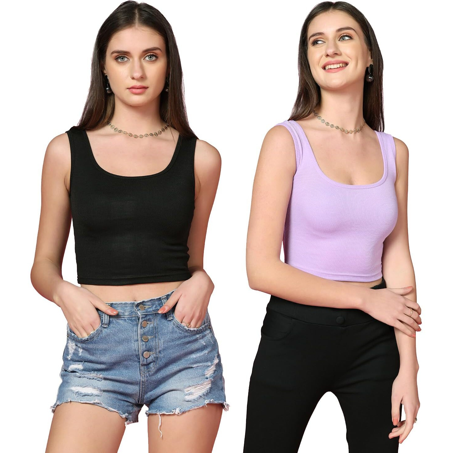 Toplot Women's Combo Solid Ribbed Scoop Neck Sleeveless Slim Fit Tank Top Pack Of 2 (Combo-5069-Blk-Prl-Xl)