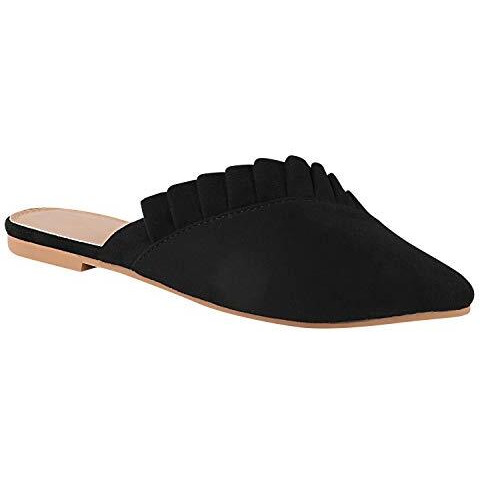 Shoetopia Women's Blackfrill Mules  Stylish Slip-On Flats With Pointed Toe & Ruffle Detailing For Casual Eu41