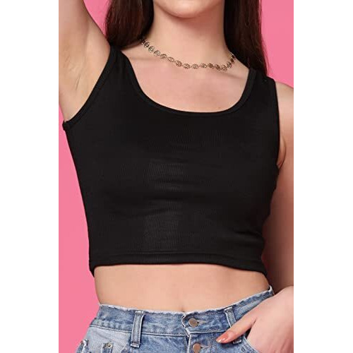 Toplot Women's Solid Ribbed Round Neck Sleeveless Slim Fit Tank Top (Tank-Top-5069-Black-S)
