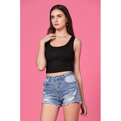 Toplot Women's Solid Ribbed Round Neck Sleeveless Slim Fit Tank Top (Tank-Top-5069-Black-S)