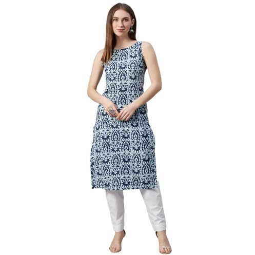 Gosriki Women's Rayon Blend Straight Printed Kurta (Ccd Blue-Gs_L_Blue_Large)