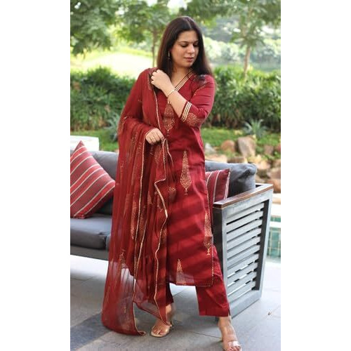 Gosriki Women's Rayon Blend Straight Printed Kurta With Pant & Dupatta (Nachiket Maroon-Gs_S_Maroon_Small)