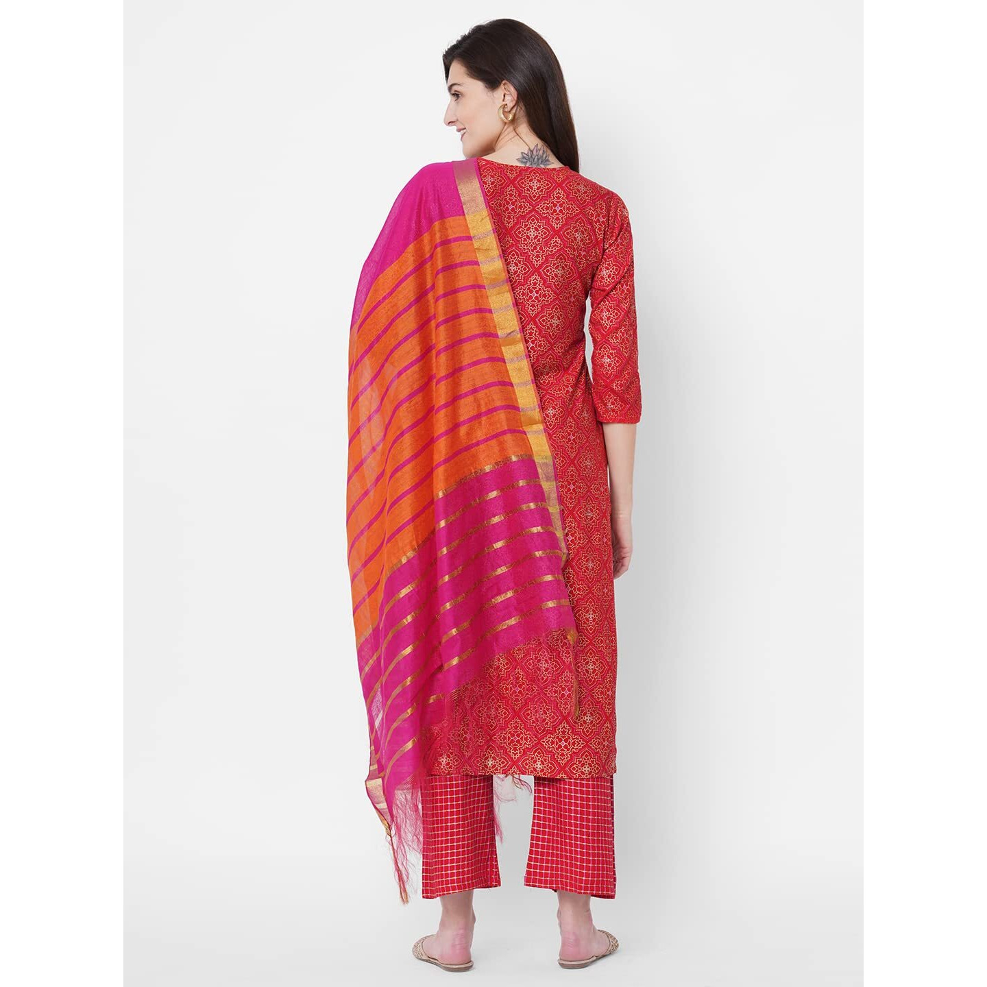 Gosriki Women's Cotton Blend Straight Printed Kurta And Palazzos & Dupatta (Client Nw Red_S-Go_Red_Small)
